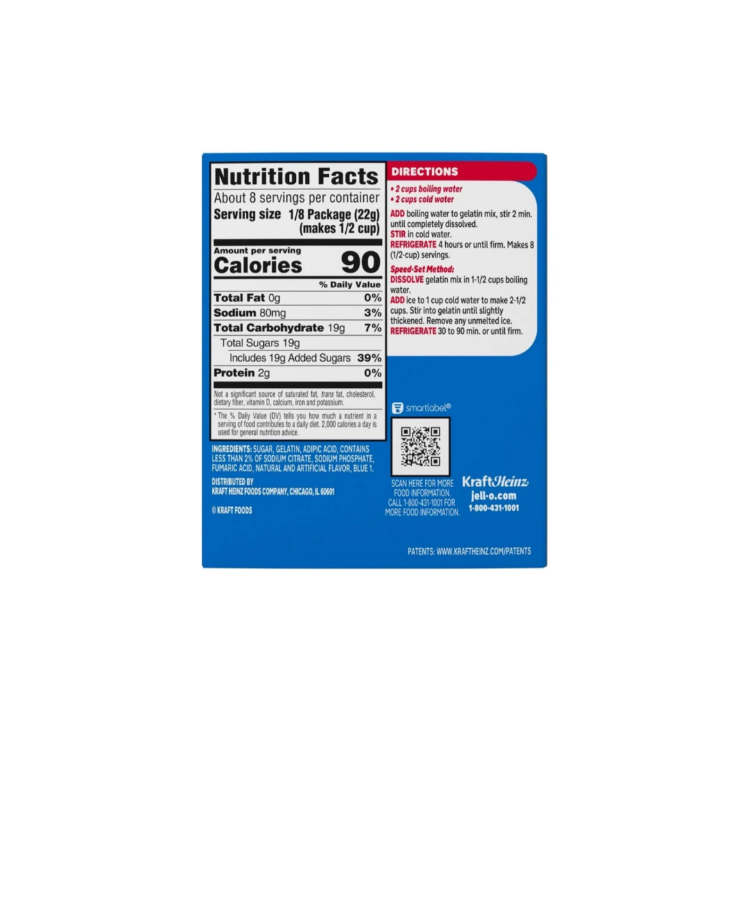 Jell-O Gelatin Jelly Dessert Berry Blue Packet Rear View Nutritional Information And Ingredients