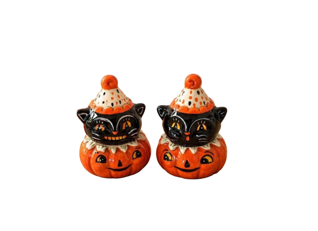 Johanna Parker Ceramic Salt & Pepper Shakers Black Cats Pumpkins