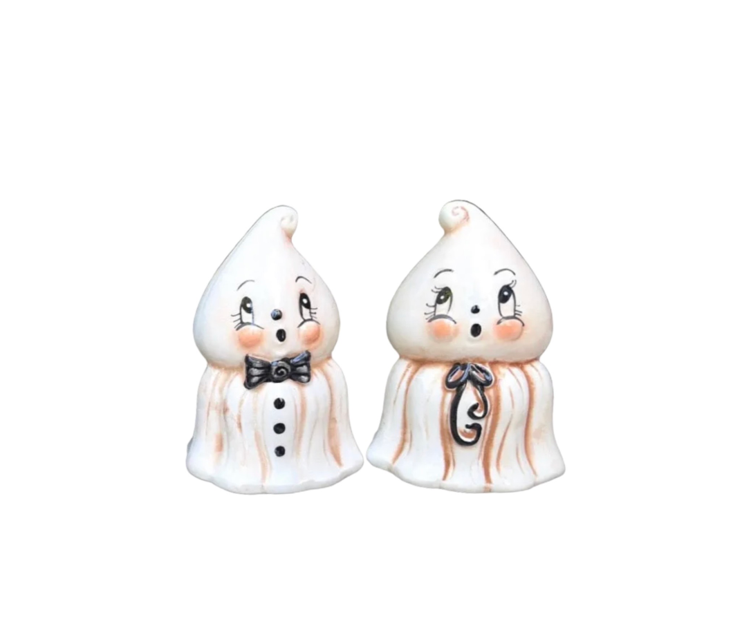 Johanna Parker Ceramic Salt & Pepper Shakers Kooky Spook Girl & Boy Ghosts