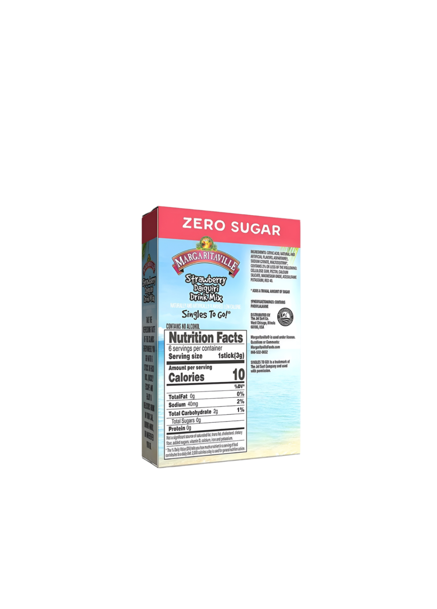 Margaritaville Drink Mix Strawberry Daiquiri Zero Sugar Non Alcoholic Rear View Nutritional Information And Ingredients
