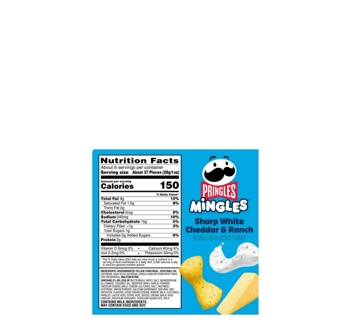 Pringles Mingles Sharp White Cheddar And Ranch Nutritional Information And Ingredients