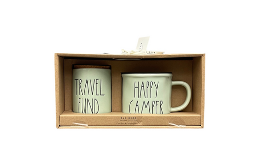 Rae Dunn Ceramic Camping Mug And Coin Bank Set Travel Fund Happy Camper