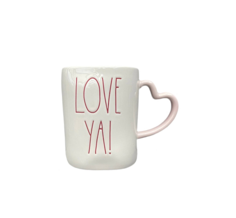 Rae Dunn Cream And Pink Ceramic Mug Heart Shaped Handle Love Ya