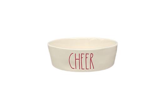 Rae Dunn Cream Ceramic Pet Bowl Cheer Front View