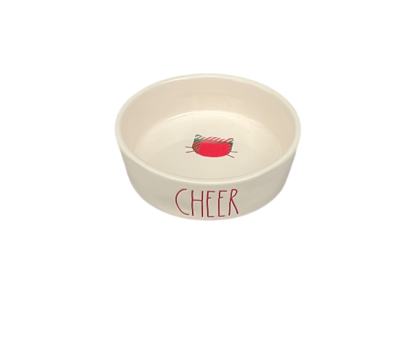 Rae Dunn Cream Ceramic Pet Bowl Cheer Tilted Front View