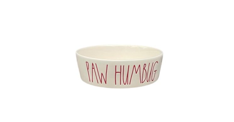 Rae Dunn Cream Ceramic Pet Bowl Paw Humbug Front View