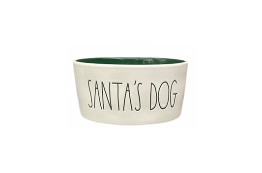 Rae Dunn Cream Ceramic Pet Bowl Santa's Dog Front View