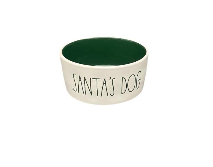 Rae Dunn Cream Ceramic Pet Bowl Santa's Dog Tilted Front View