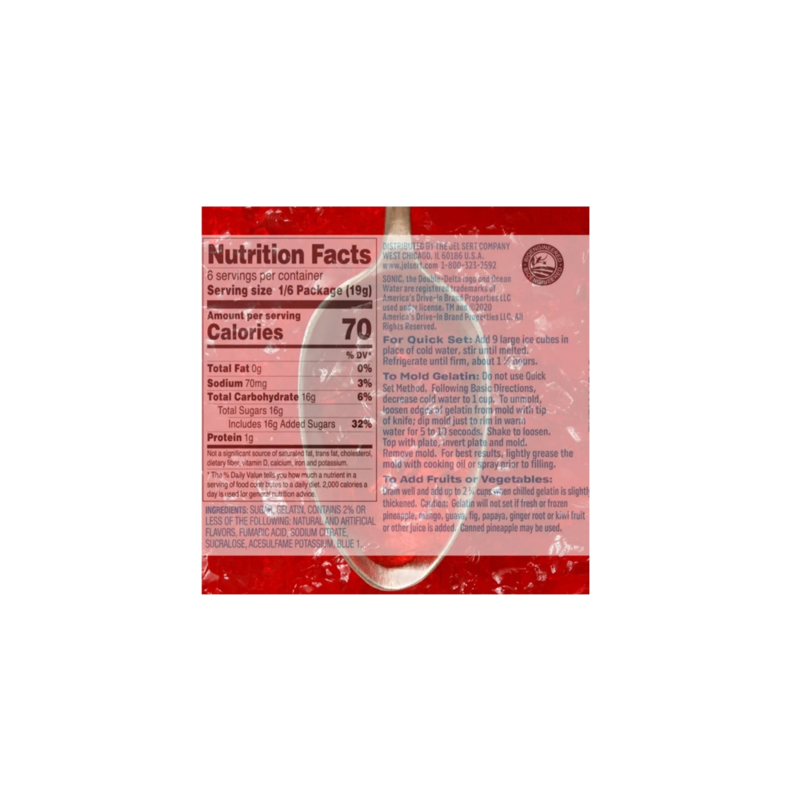 Sonic Gelatin Jelly Dessert Cherry Limeade Nutritional Information And Ingredients