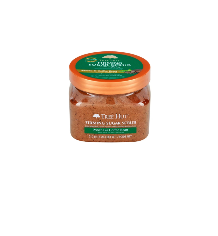 Tree Hut Firming Sugar Body Scrub Mocha And Coffee Bean Tilted Front View