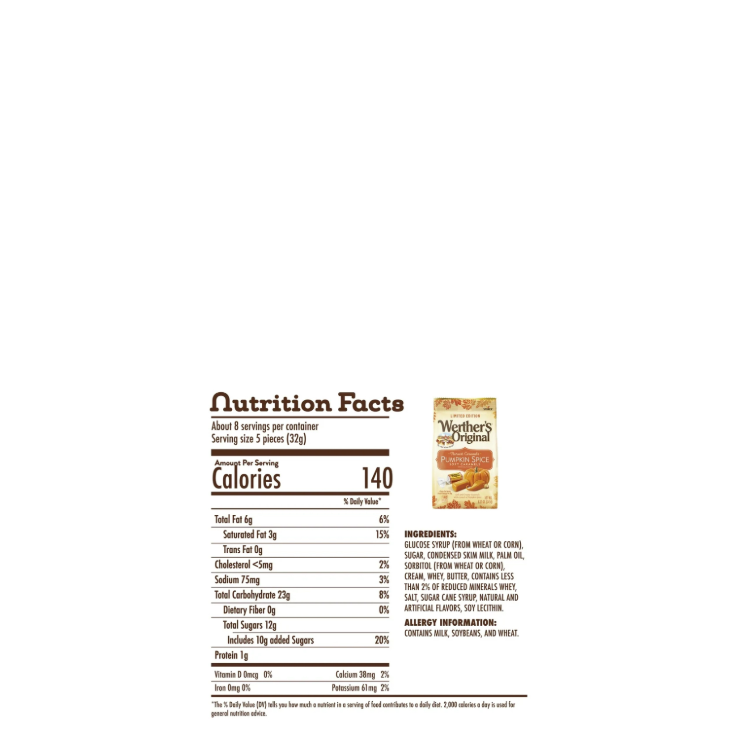 Werther’s Original Soft Caramels Pumpkin Spice Nutritional Information & Ingredients