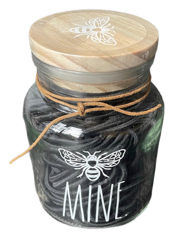 RAE DUNN Glass Jar & Lid & 80 Black Elastic Hair Ties - BEE MINE