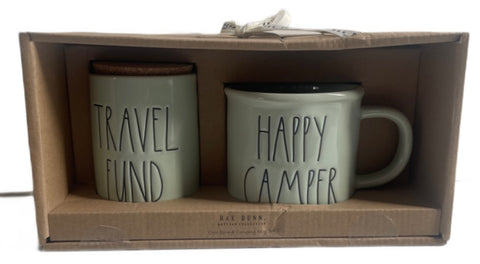 RAE DUNN Ceramic Camping Mug & Coin Bank Set - TRAVEL FUND & HAPPY CAMPER