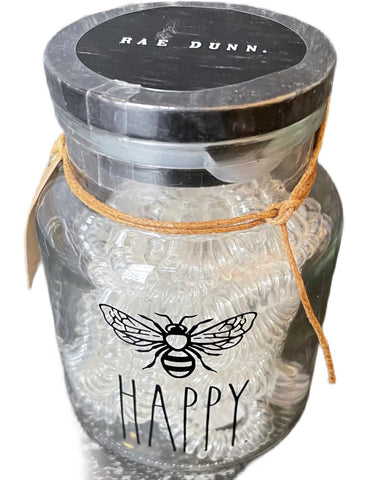 RAE DUNN Glass Jar & 25 Spiral Hair Ties - BEE HAPPY
