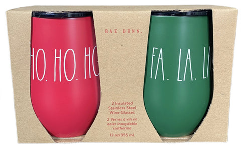 RAE DUNN Stainless Steel Insulated Wine Glass & Lid Set - HO HO HO & FA LA LA