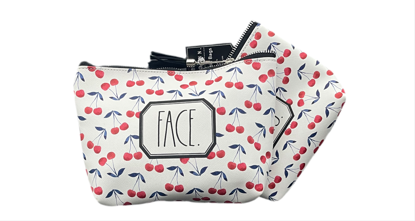 RAE DUNN 2 Set Cherry Print Cosmetic Bags - FACE & LIPS