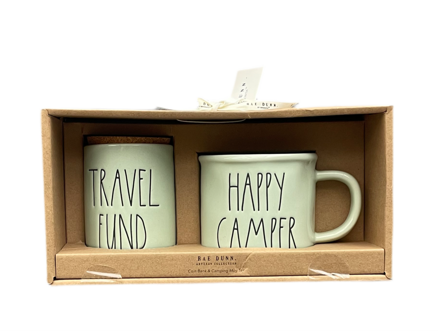 RAE DUNN Ceramic Camping Mug & Coin Bank Set - TRAVEL FUND & HAPPY CAMPER