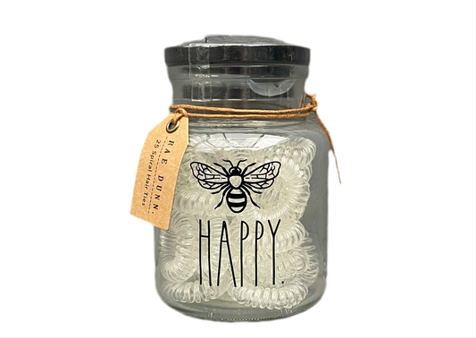 RAE DUNN Glass Jar & 25 Spiral Hair Ties - BEE HAPPY