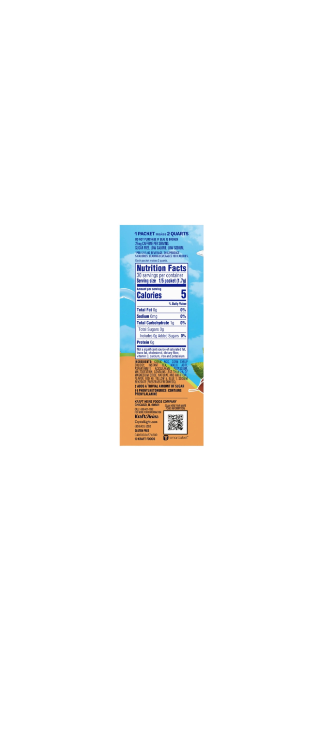 Crystal Light Drink Mix Peach Iced Tea Side View Nutritional Information And Ingredients
