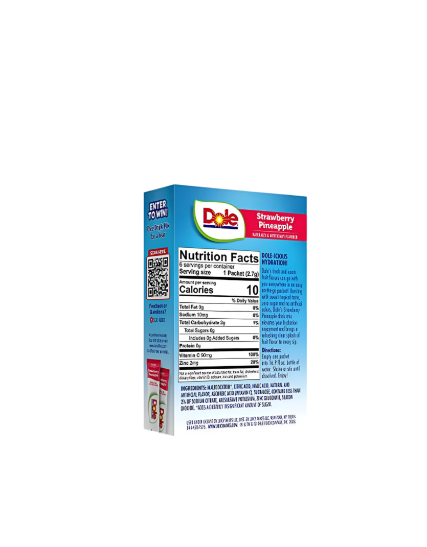 Dole Drink Mix Strawberry Pineapple Zero Sugar Rear View