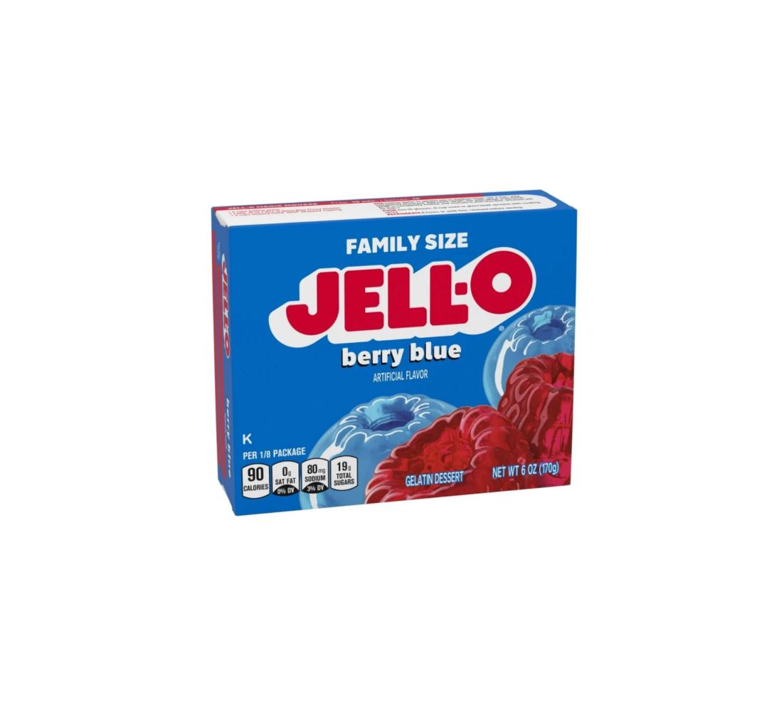 Jell-O Gelatin Jelly Dessert Berry Blue Packet Front View 