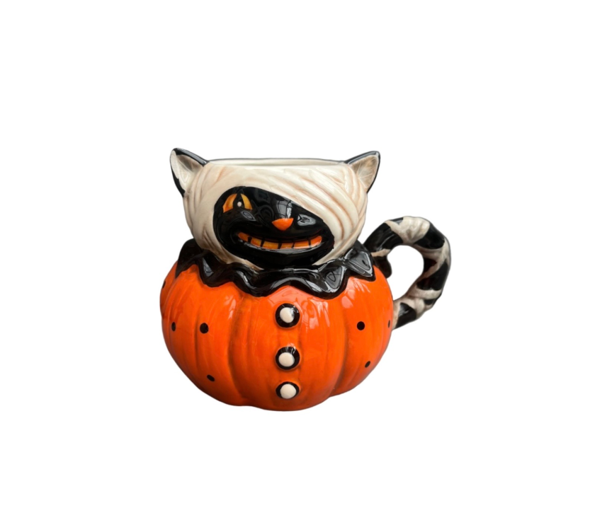 Johanna Parker Ceramic Mug Black Cat Mummy Pumpkin Front View