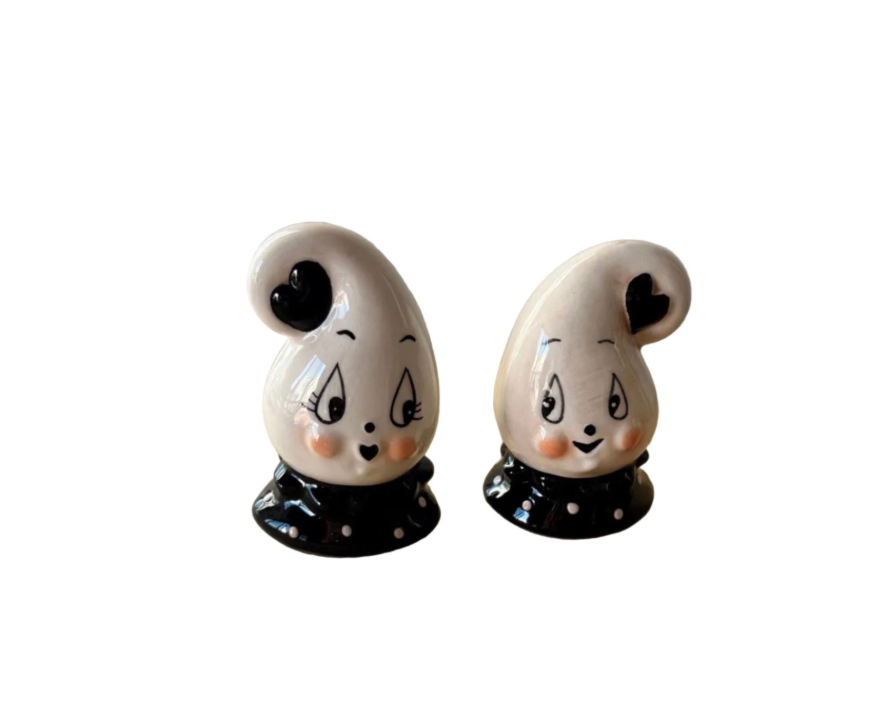 Johanna Parker Ceramic Salt & Pepper Shakers Girl & Boy Ghosts Black Hearts