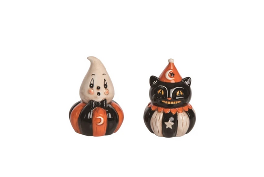 Johanna Parker Ceramic Salt & Pepper Shakers Gus Ghost & Black Cat