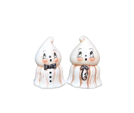 Johanna Parker Ceramic Salt & Pepper Shakers Kooky Spook Girl & Boy Ghosts