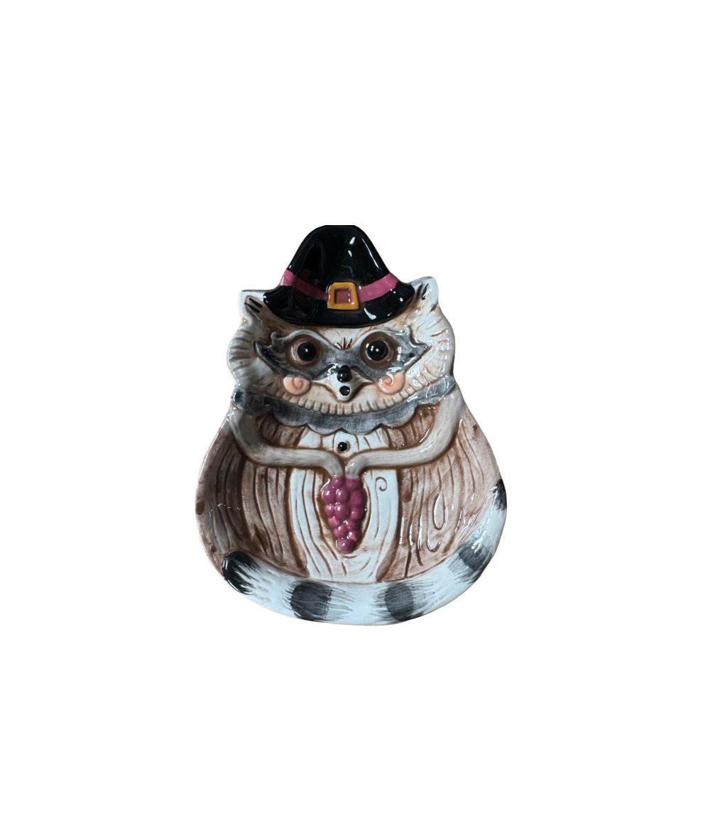 Johanna Parker Ceramic Spoon Rest Autumn Grapevine Harvest Critters Raccoon