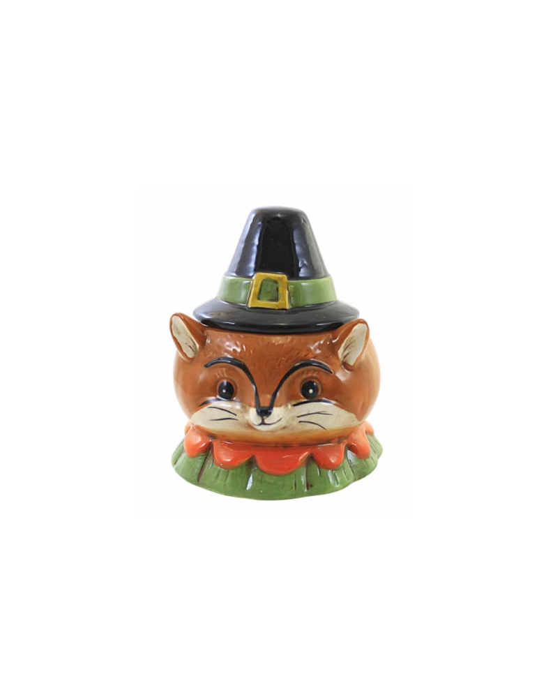 Johanna Parker Ceramic Sugar Pot & Lid Canister Harvest Critters Thanksgiving Fox Green hat band & Orange neck