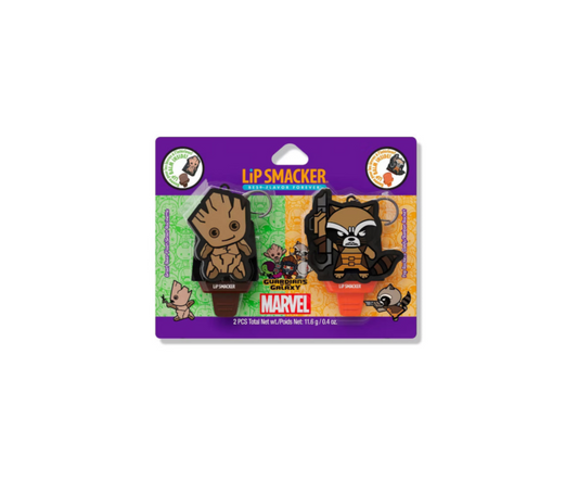 Lip Smacker 2 Lip Balm And Keyring Set Marvel Guardians Of The Galaxy Groot And Rocket Front View