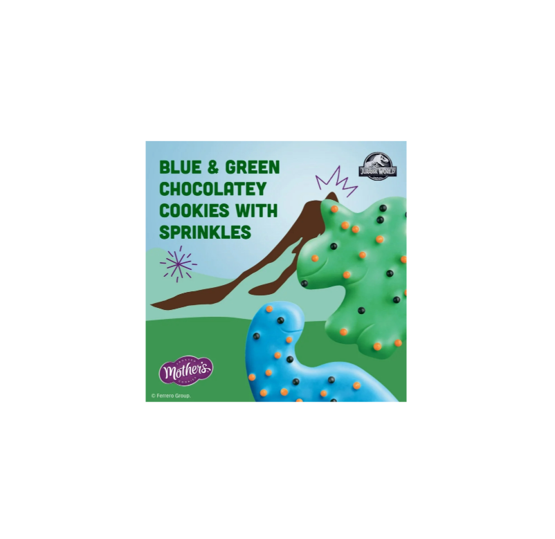 Mother’s Frosted Cookies Jurassic World Dynamite Dinosaurs Blue & Green Chocolatey Cookies With Sprinkles