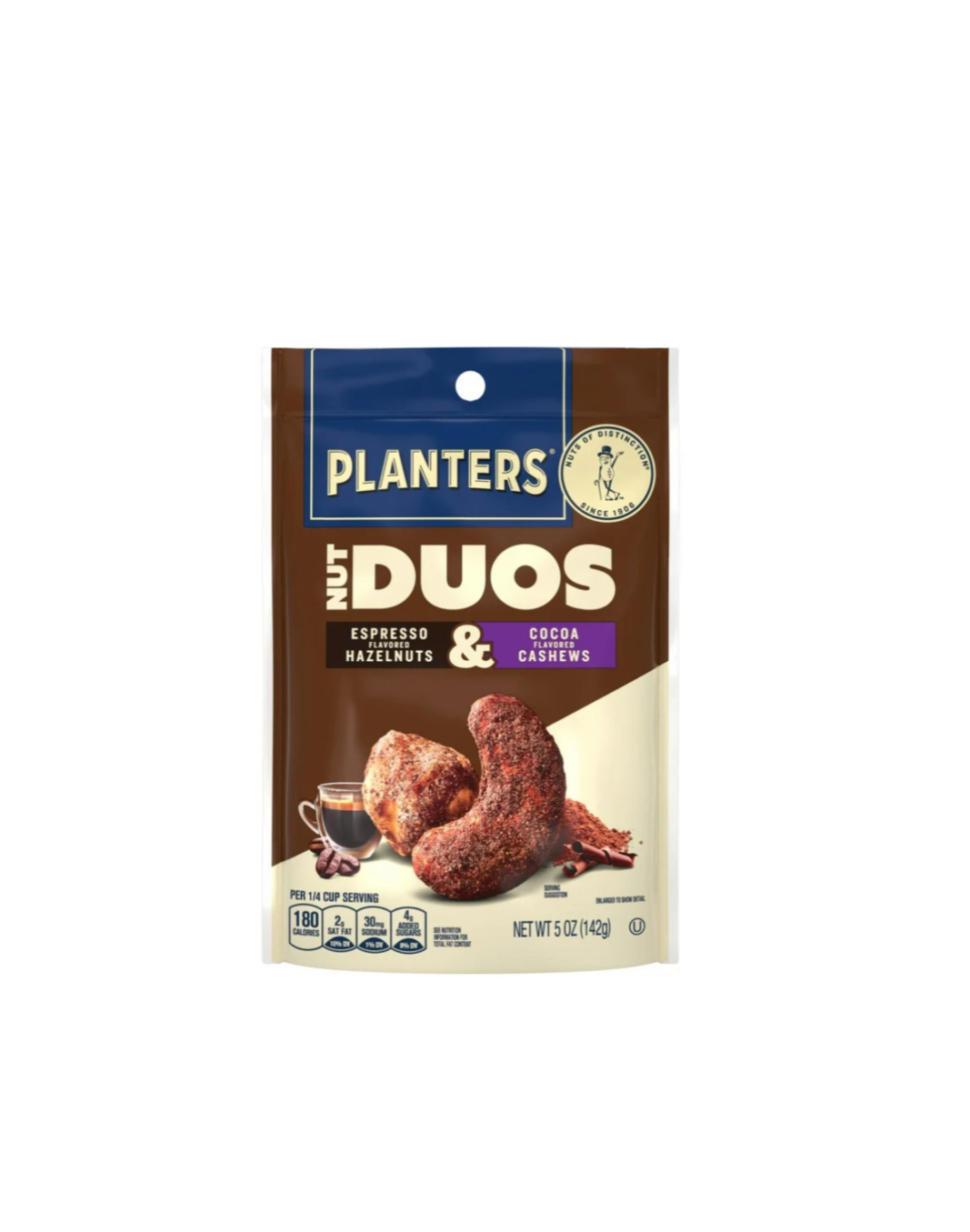 Planters Nut Duos Espresso Hazelnuts And Cocoa Cashews Packet Front View