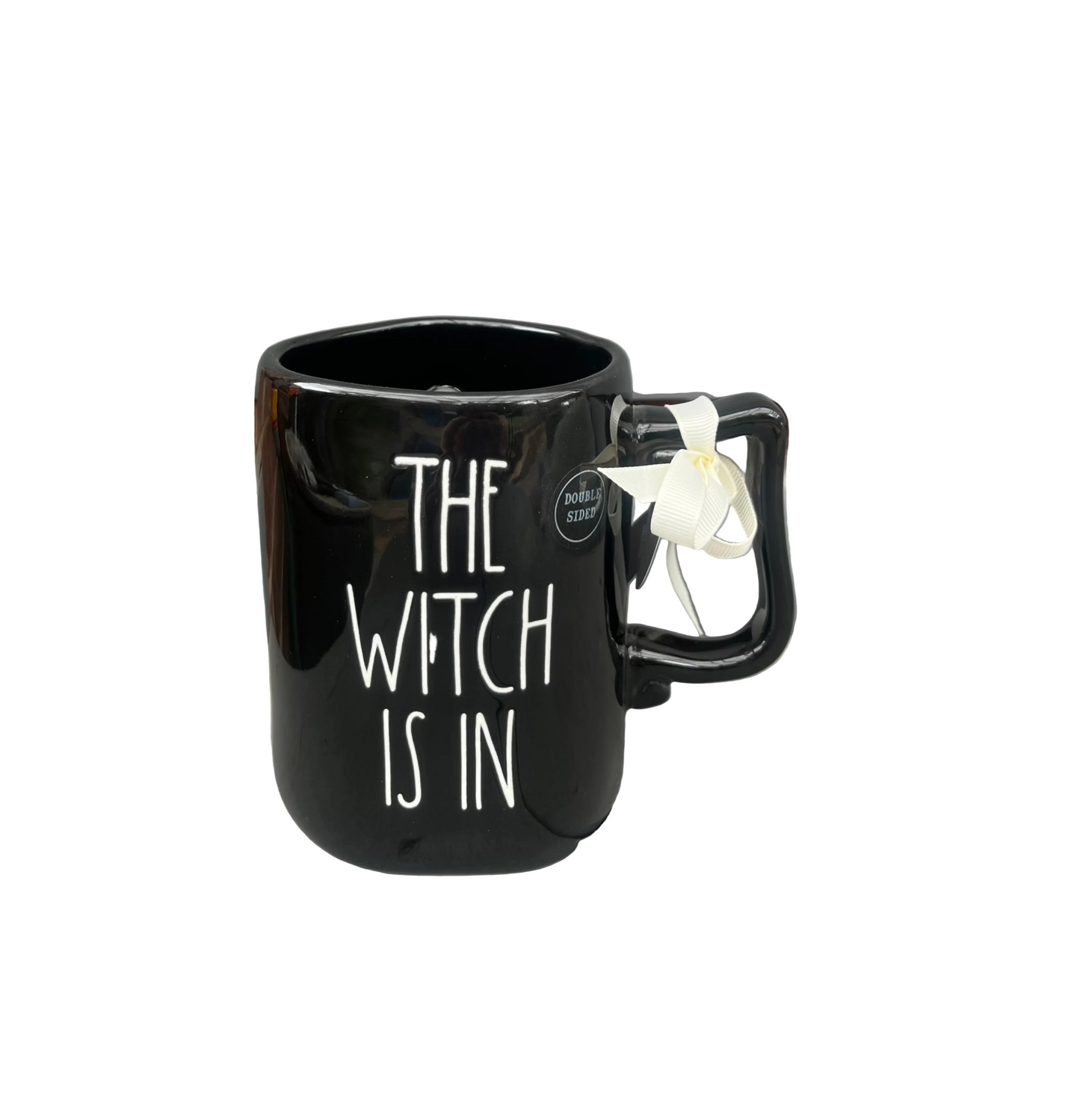 RAE DUNN Black Ceramic Mug Double Sided THE WITCH IS IN & Cat Design Front View
