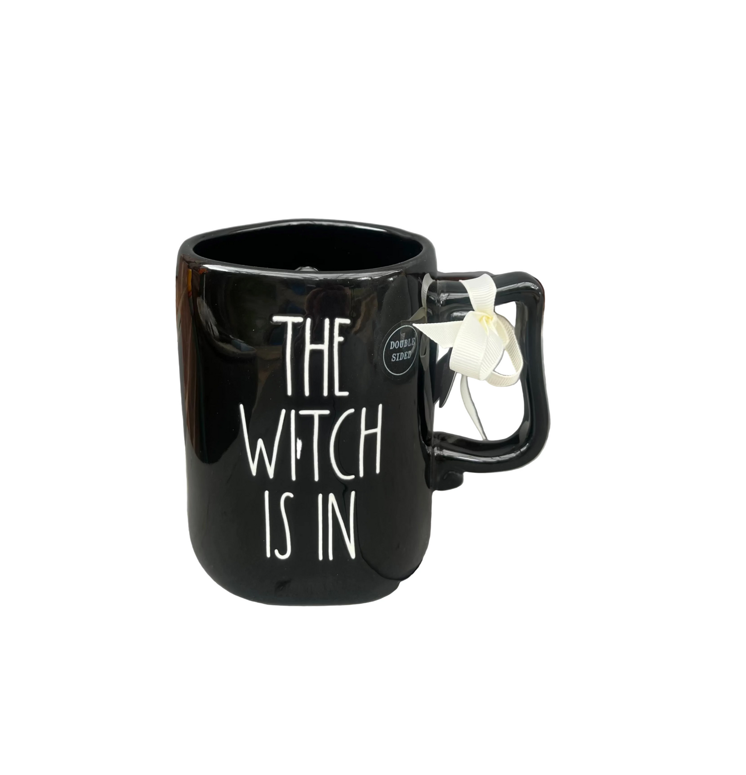RAE DUNN Black Ceramic Mug Double Sided THE WITCH IS IN & Cat Design Front View