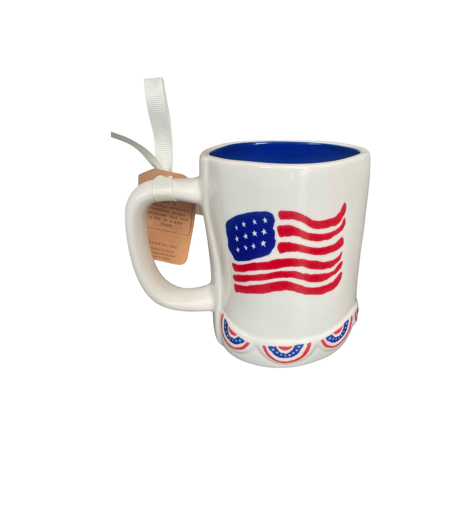 RAE DUNN Cream Off White Ceramic Mug Dark Inner Double Sided American Flag Image