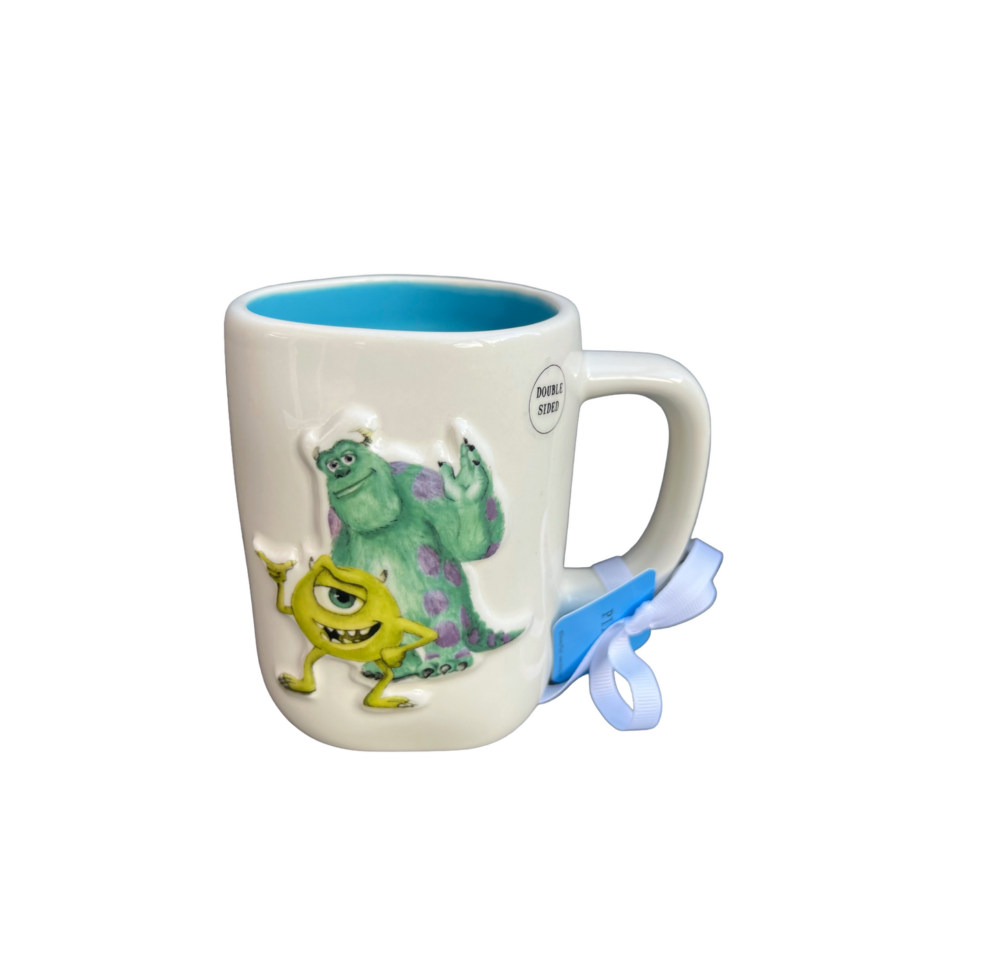 RAE DUNN & Pixar Monsters Inc Cream Ceramic Mug Front View Mike & Sully