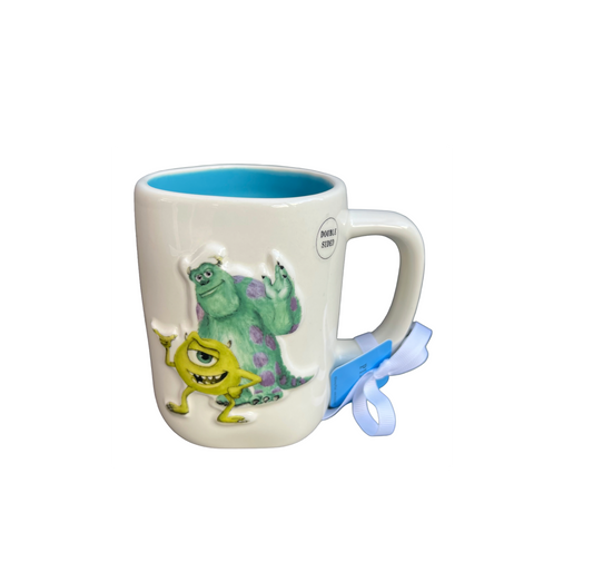 RAE DUNN & Pixar Monsters Inc Cream Ceramic Mug Front View Mike & Sully