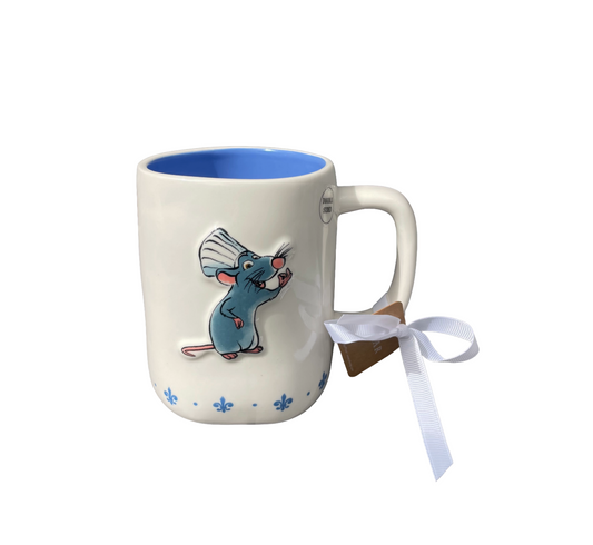 RAE DUNN & Pixar Ratatouille Cream Ceramic Mug Remy Chef's Kiss Front View