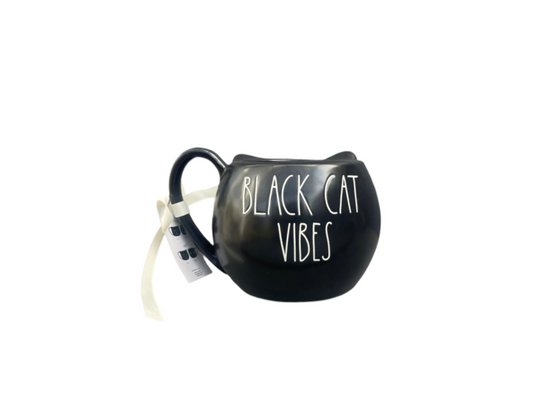 Rae Dunn Black Ceramic Mug Black Cat Vibes Front View