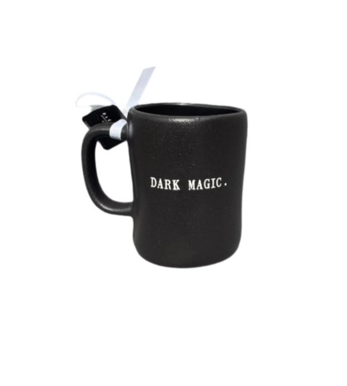 Rae Dunn Black Speckled Ceramic Mug now White Evil Queen Dark Magic Rear View