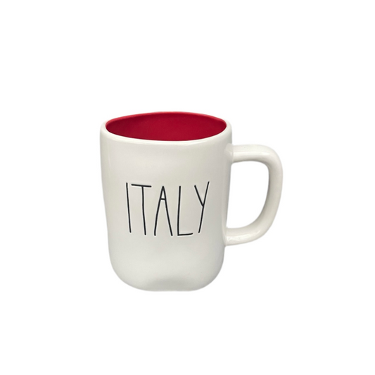 Rae Dunn Cream And Red Double Sided Ceramic Mug Italy Front View