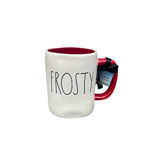 Rae Dunn Double Sided Cream And Red Ceramic Mug Frosty The Snowman Front View