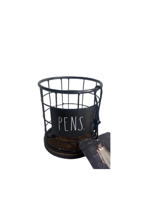 Rae Dunn Wire And Dark Wood Round Pen Holder Desk Storage Pens