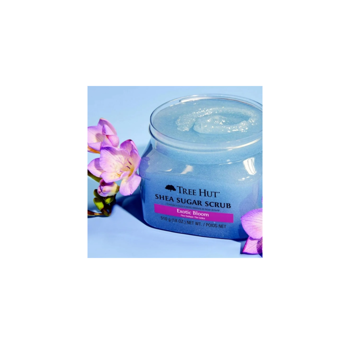 Tree Hut Shea Sugar Body Scrub Exotic Bloom Open Jar And Flowers