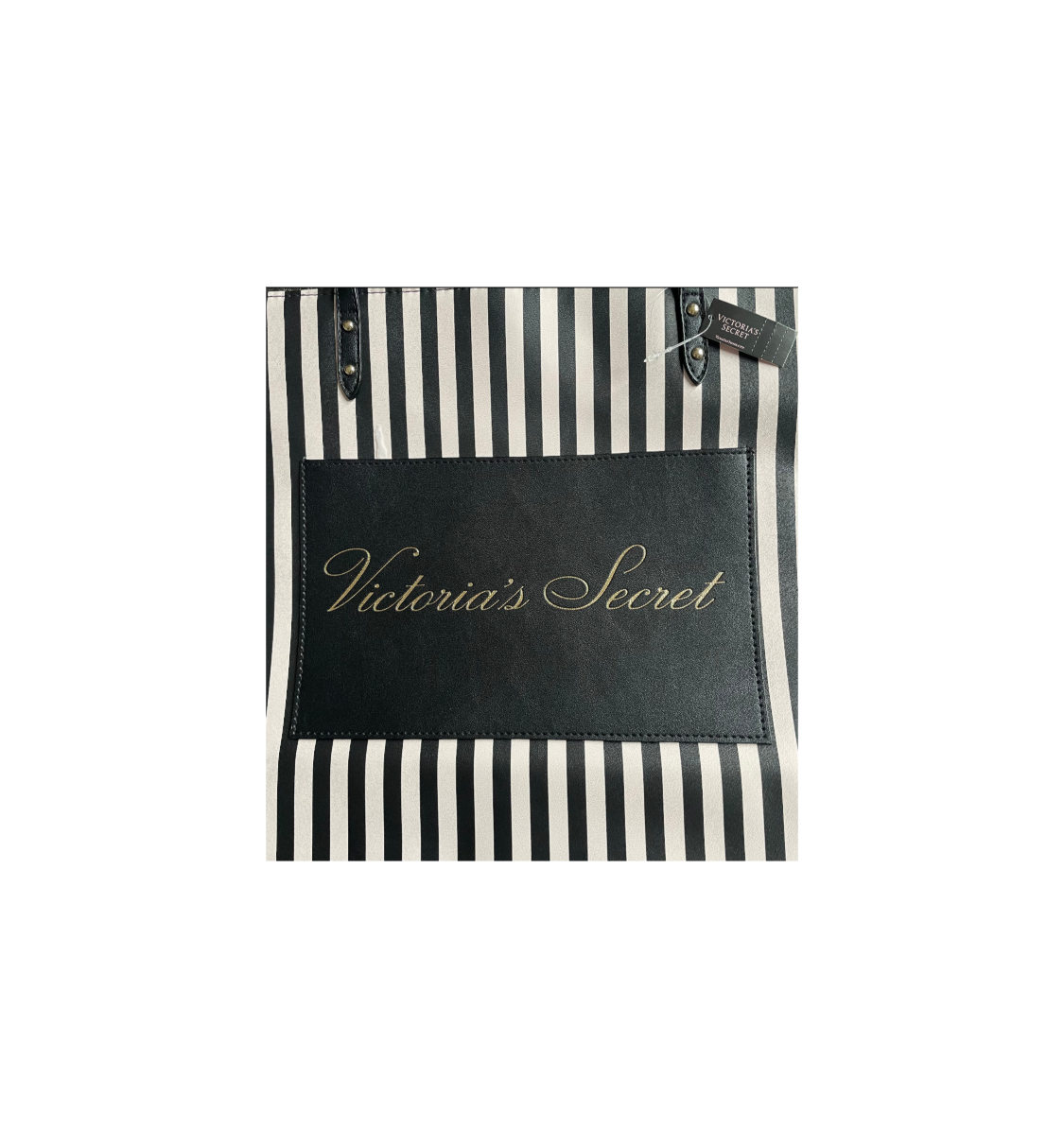 Victorias Secret Black And Pink Striped Oversized Tote Beach Bag Closeup