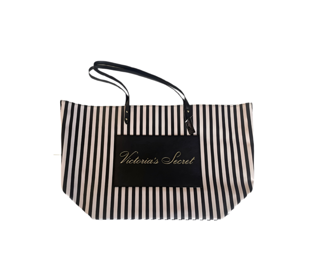 Victorias Secret Black And Pink Striped Oversized Tote Beach Bag Front View
